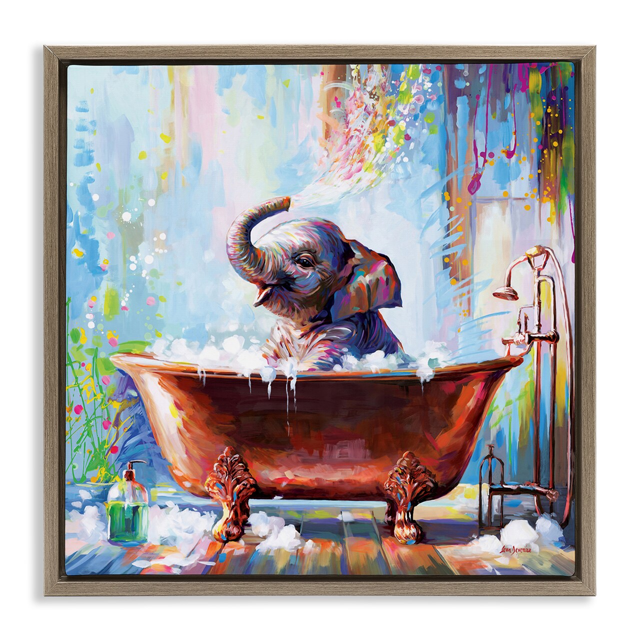 Stupell Industries Splashing Baby Elephant Floater Framed Canvas Wall Art Design by Leon Devenice